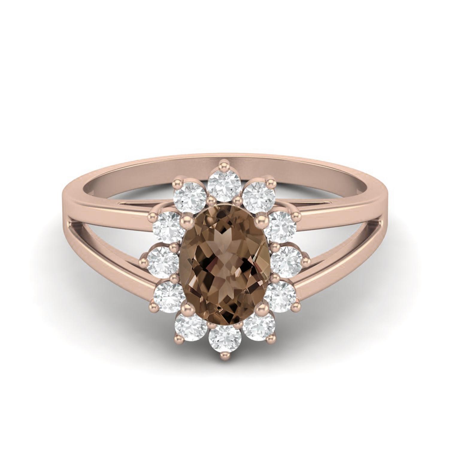 7X5MM Oval Shape Smoky Quartz 925 Sterling Silver Rose Vermeil Split Shank Women Wedding Ring 9