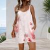 Women Plus Size Sleeveless Cami Short Romper Soft Pink Heart Planet Star Print Jumpsuit With Side Pockets