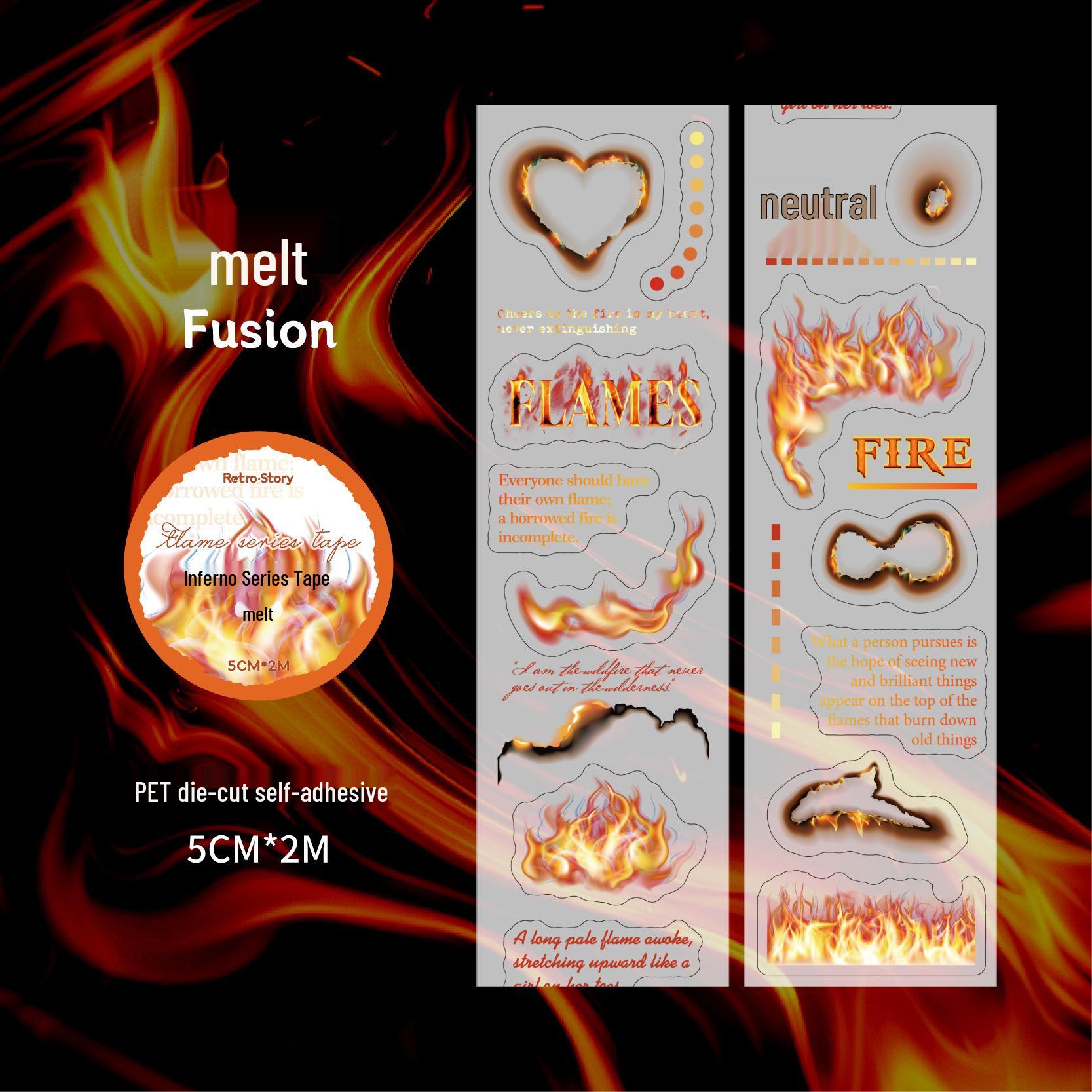 Retro Flame-Themed PET Die-Cut Tape: 6 Designs for Journaling