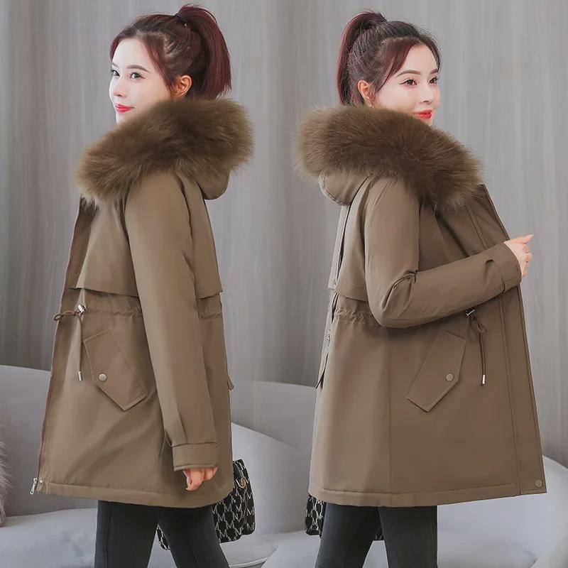 Women's Casual Mid-Length Korean Style Cotton Jacket with Fur Collar