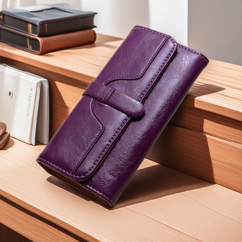 Women's Tri-fold Oil Wax Leather Wallet with Buckle - Multi-Card Holder, Solid Color, Fashionable and Simple Design