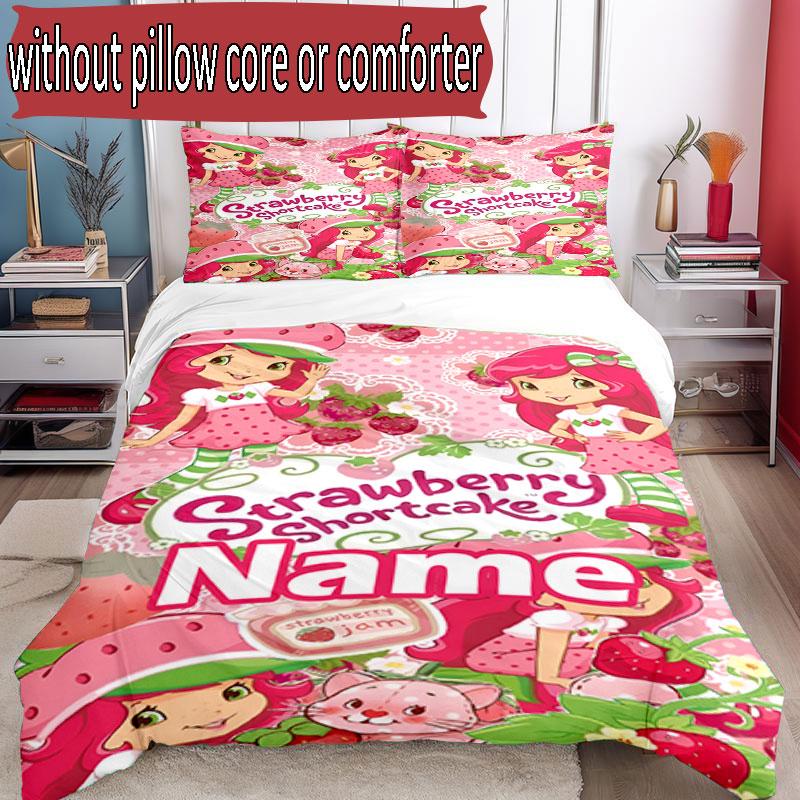3pcs Duvet Cover Set (1*Duvet Cover + 2*Pillowcase, Without Core), Custom Name Strawberry Shortcake Pattern Bedding Set, Home Bedroom Decor Gift