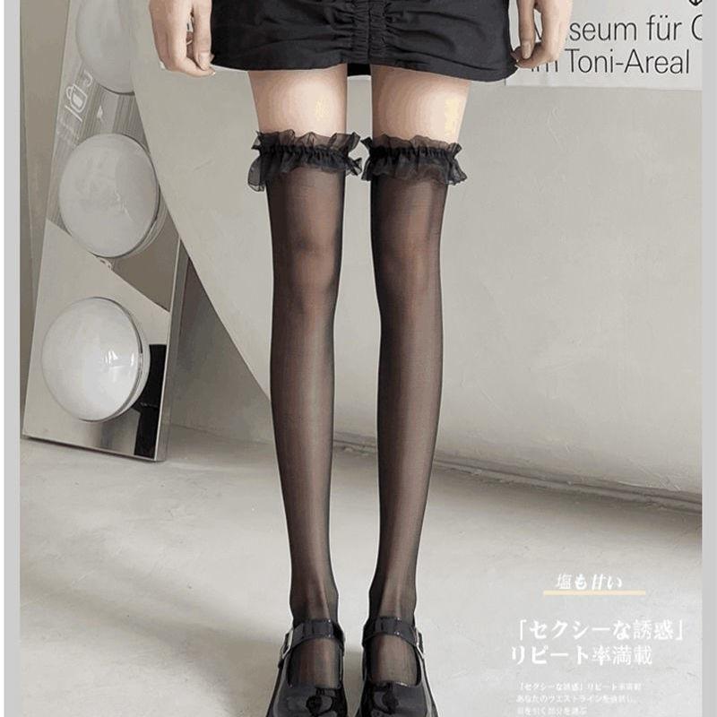 Stockings Black Ins Ripped Half Mesh Lace Long Tube Knee-high Sweet And Cute Core-spun Silk Thigh Socks