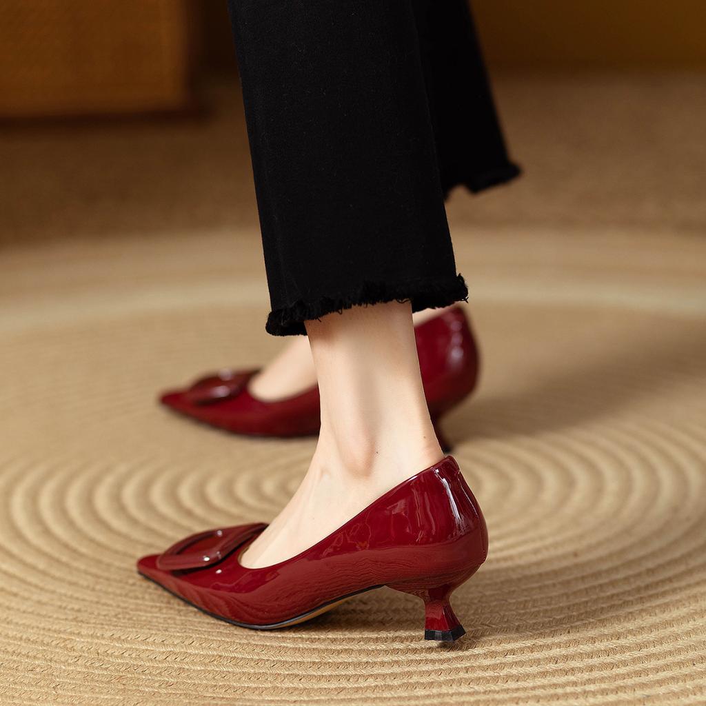 French New Products Single Shoes Women's New Products Square Buckle New Models New Temperament Pointed High Heels Stiletto Burgundy