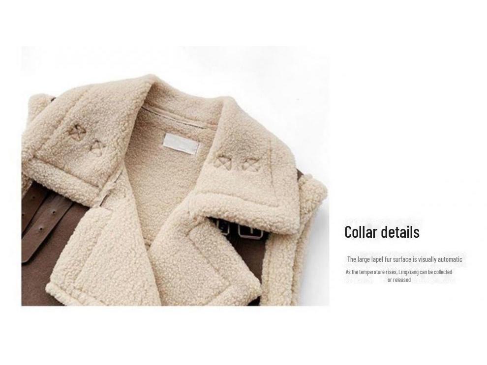 Dámská vesta z jehněčí vlny a umělého semiše 2024 - Volný korejský styl, Trendy bunda z kožešiny a kůže na jaro a podzim