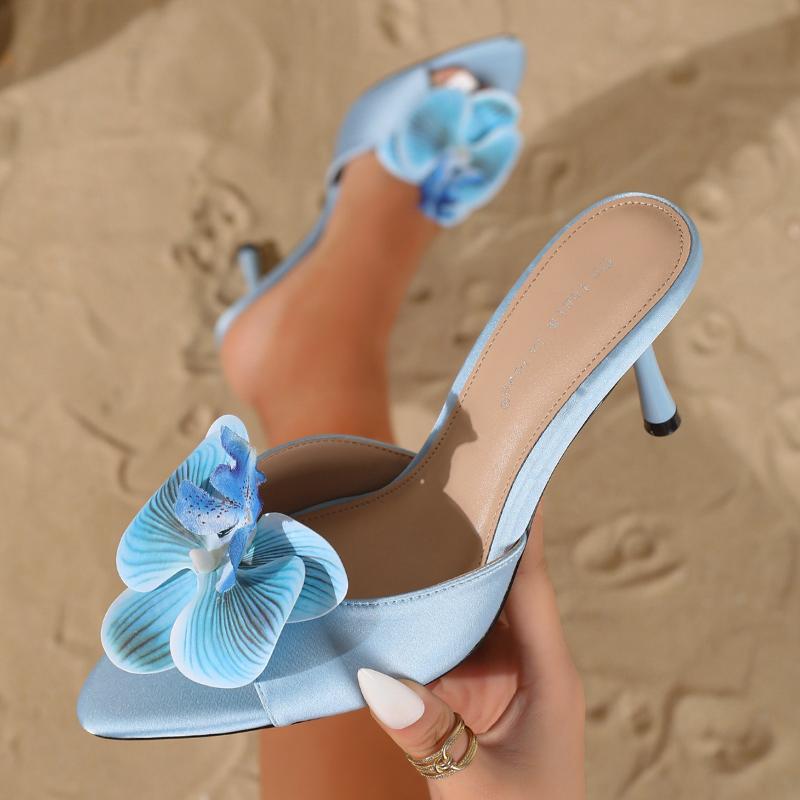Modische Elegante Mit Blumen Dekorierte Marken High Heel Sandalen Damenmode Spitzzehe Dünner Absatz Pantoletten Luxus Bankett Kleiderschuhe