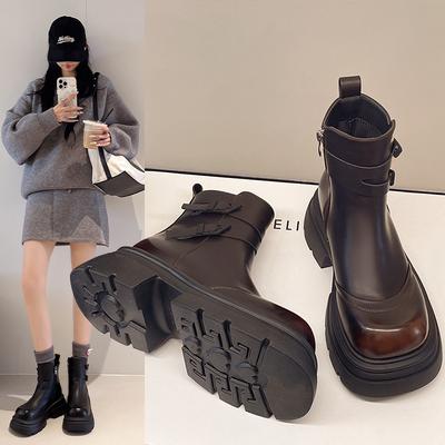 Round Head Thick Heel Soft Leather Martin Boots Women's Versatile British Skinny Boots Retro Platform Short Boots Fashion Chelsea Boots