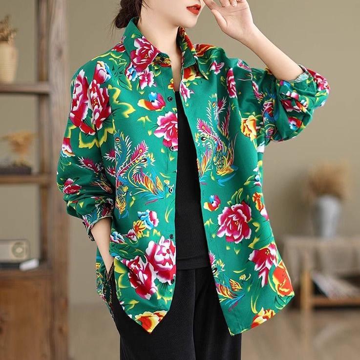 Women's Northeast Peony Floral Long-Sleeve Shirt Jacket - Ethnic Charm, Perfect for Spring/Fall Layering, Unique, Ideal As a Couple's Shirt.
