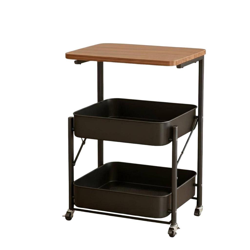 Mobile End Table with Storage Baskets 360-Degree Rotating Wheels Foldable