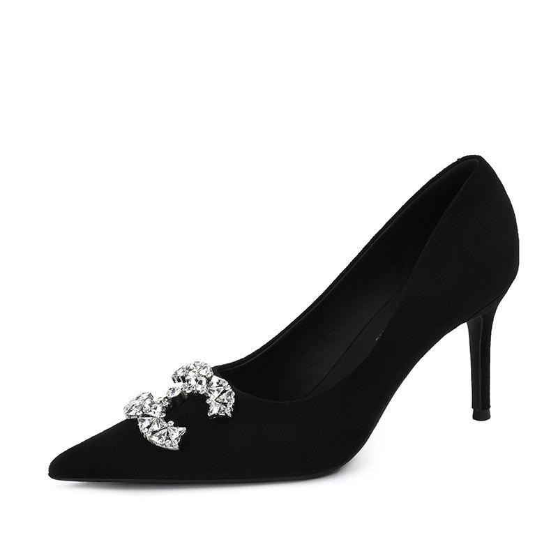 European station women's shoes 2025 autumn classic diamond buckle Xishi flannel pointed head shallow mouth comfortable thin middle heel work shoes