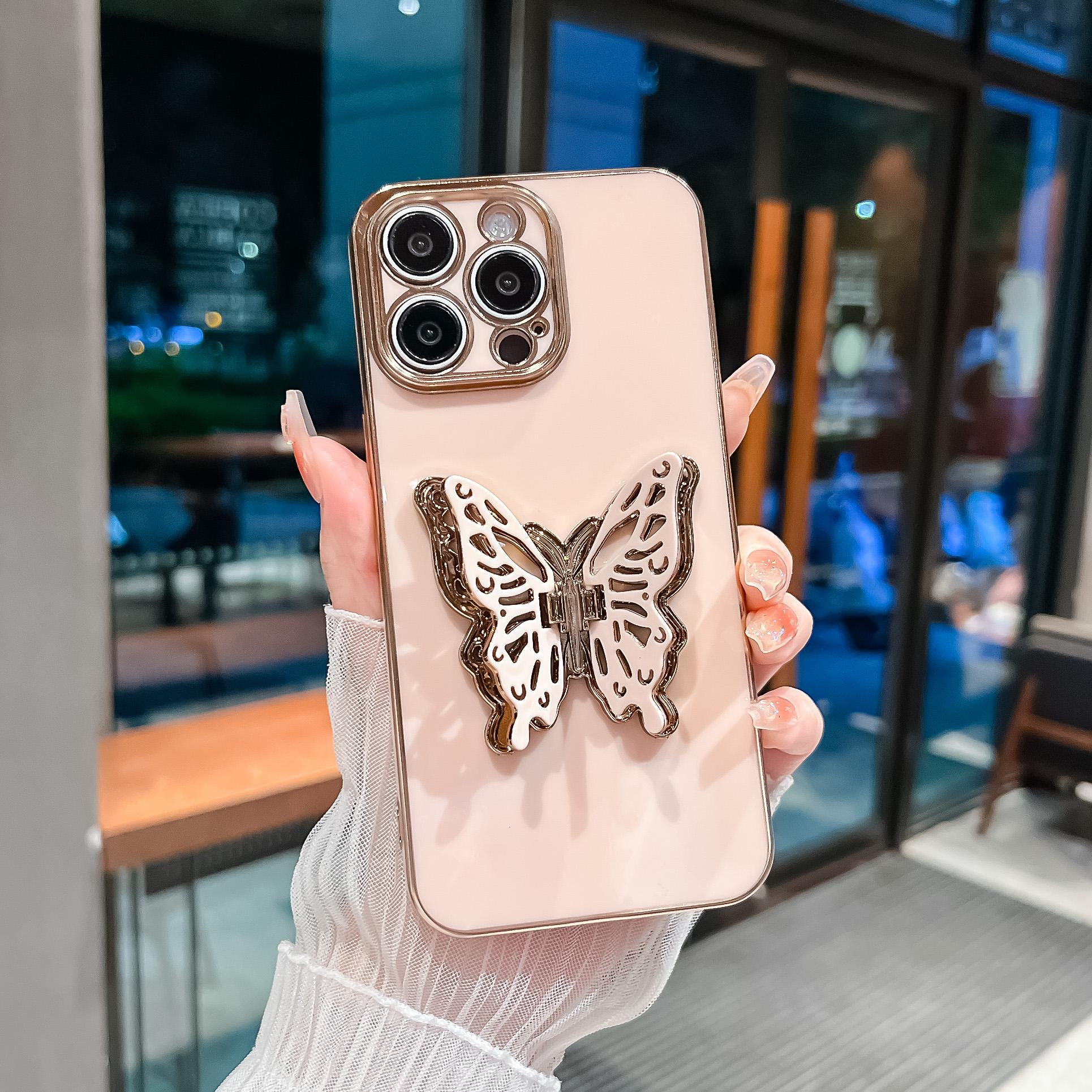 

For iPhone 16 Pro Case Butterfly Kickstand TPU Electroplating Phone Cover Blue