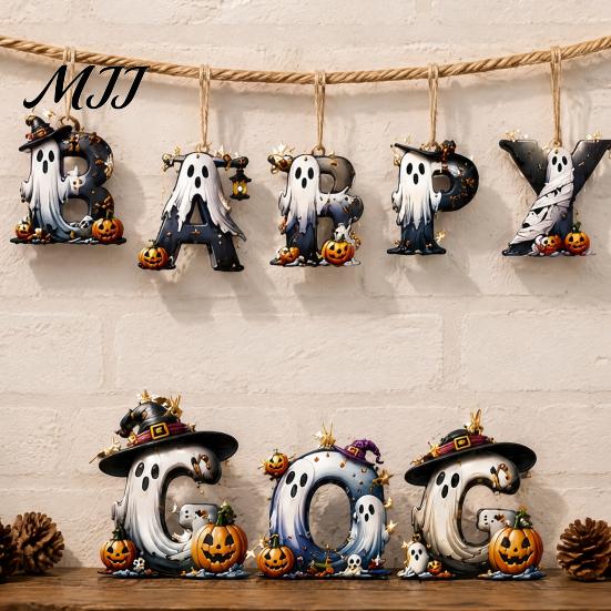 Holiday Scenery for Cafes Hotels Halloween Letter Ornament, Spooky Hanging Wooden Alphabet Letters Pendant with Ghost Creative Photo Prop Wall