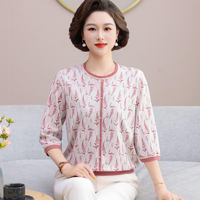 Elegant Ice Silk T-Shirt: Spring/Summer Loose-Fit for Middle-Aged Women - 3/4 Sleeves, Age-Reducing Design