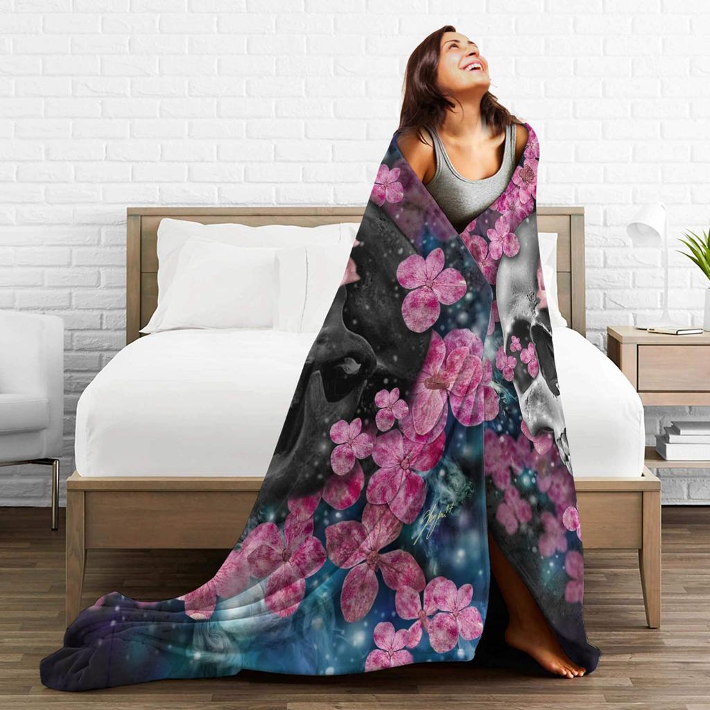 Floral Skull Blanket Cover Psychedelic Fashionable  Flannel Throw Blanket Summer Air Conditioning Decoration Soft Warm Bedsprea