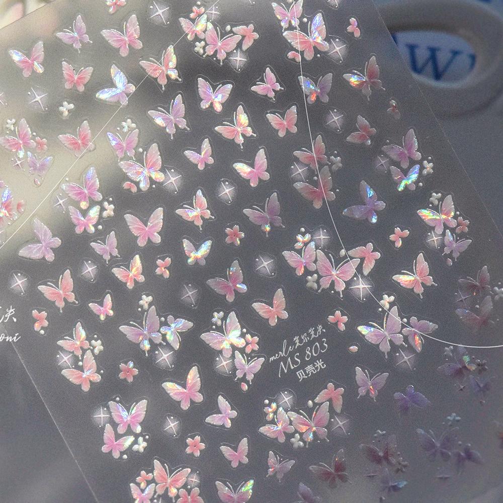 Gradient White Pink Butterfly Flower Shiny Stars Chic Spring Petal 5D Soft Adhesive Nail Art Stickers Decorations Manicure Decal