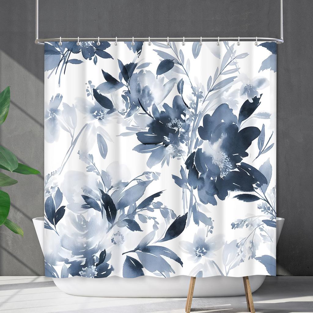 Green Plant Waterproof and Mildew-proof Polyester Bathroom Shower Curtain Shower Curtain Partition Curtain Free of Punching
