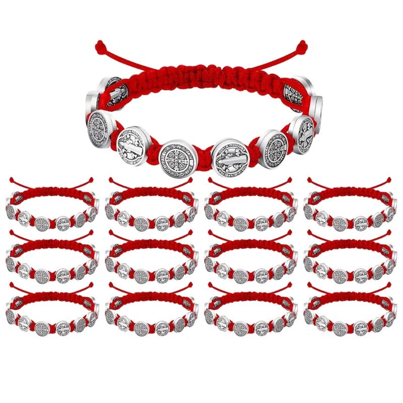 Set Of 12 Saint Benedict Charm Bracelets Handmade Wristbands Adjustable Length Wristchains Religious Blessing Jewelry