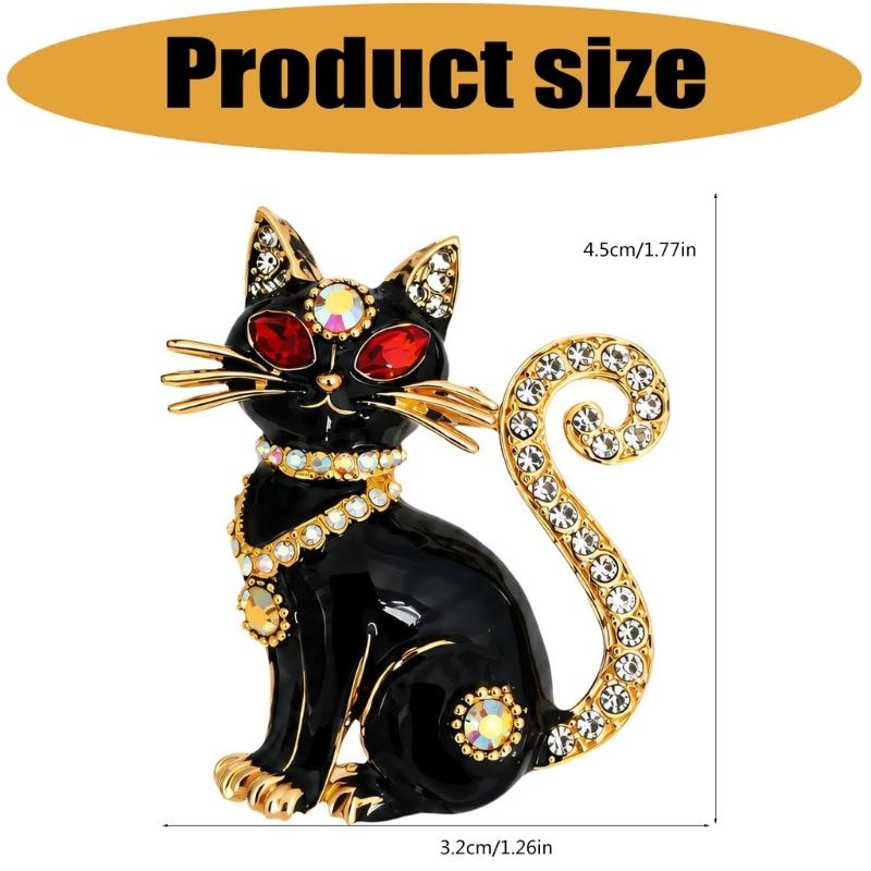 Jeweled Black Cats Brooch with Clear and Color-Shifting Stones, Gold-Tone Edging, and Pin-Back Closure for Sweaters, Scarves, Jackets, and Coats