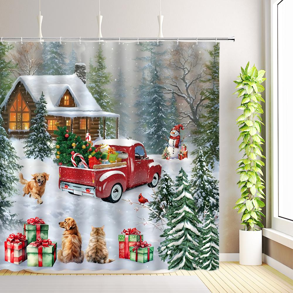Christmas Shower Curtain Red Vintage Truck Snowman Xmas Tree Winter Forest Birds New Year Rustic Retro Farmhouse Bathroom Decor