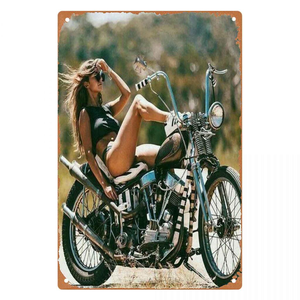 Sporty Girl in Gear Leaning on Her Bike Vintage Metal Wall Sign Decor