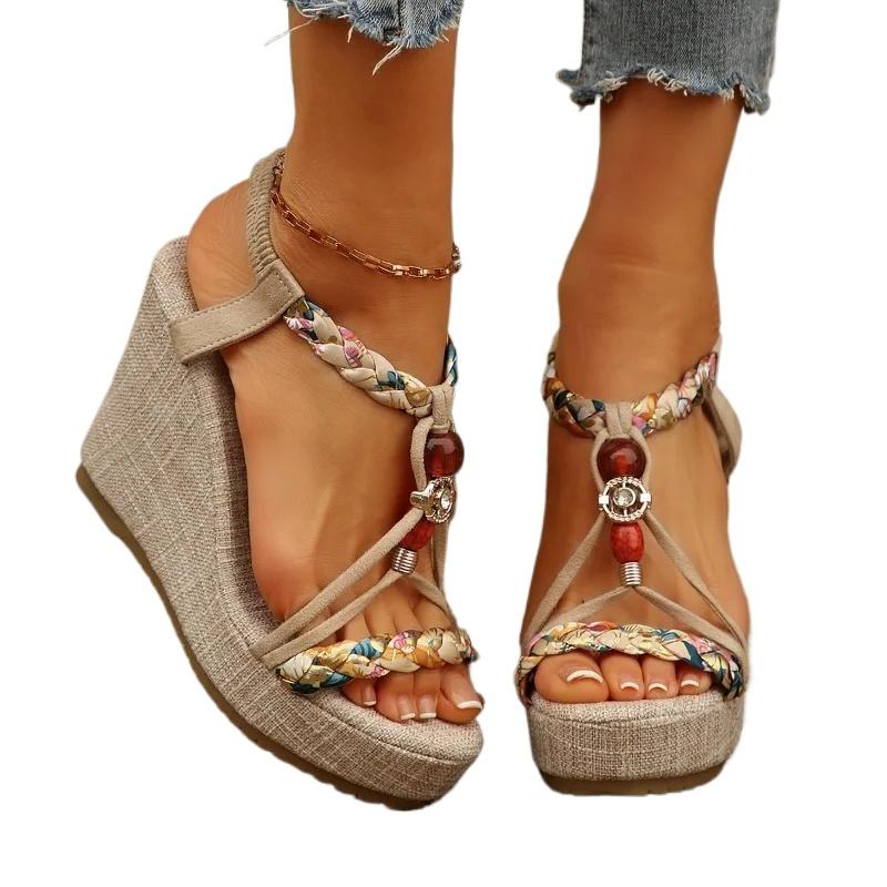 Fashion Women's Shoes 2025 Elastic Band Women's Sandals Fashion Casual Sandals Women String Bead Plus Size Super High Wedge Shoes Female