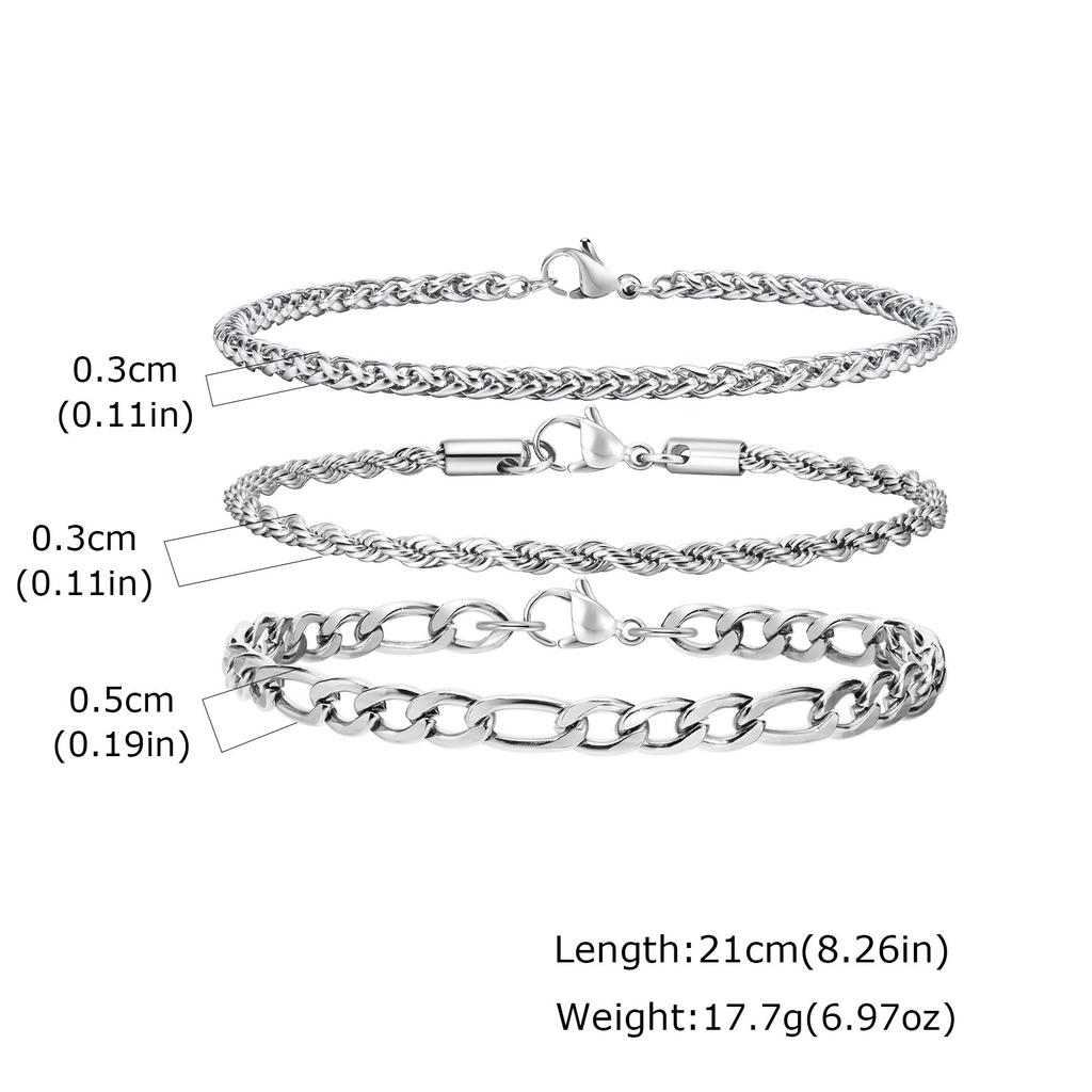 3pcs Silver Color Men's Bracelet,Waterproof Stainless Steel Wheat Chain Bracelet,Simple Casual Jewelry Gift