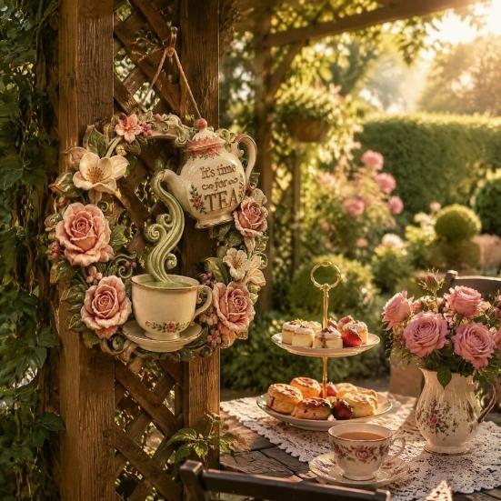 Yard Art Sculptures It's Time for Tea Door Sign, Metal Floral Wreath Hanger with Teapot Teacup Design, Windowsill Rustic Wall Decor Kitchen