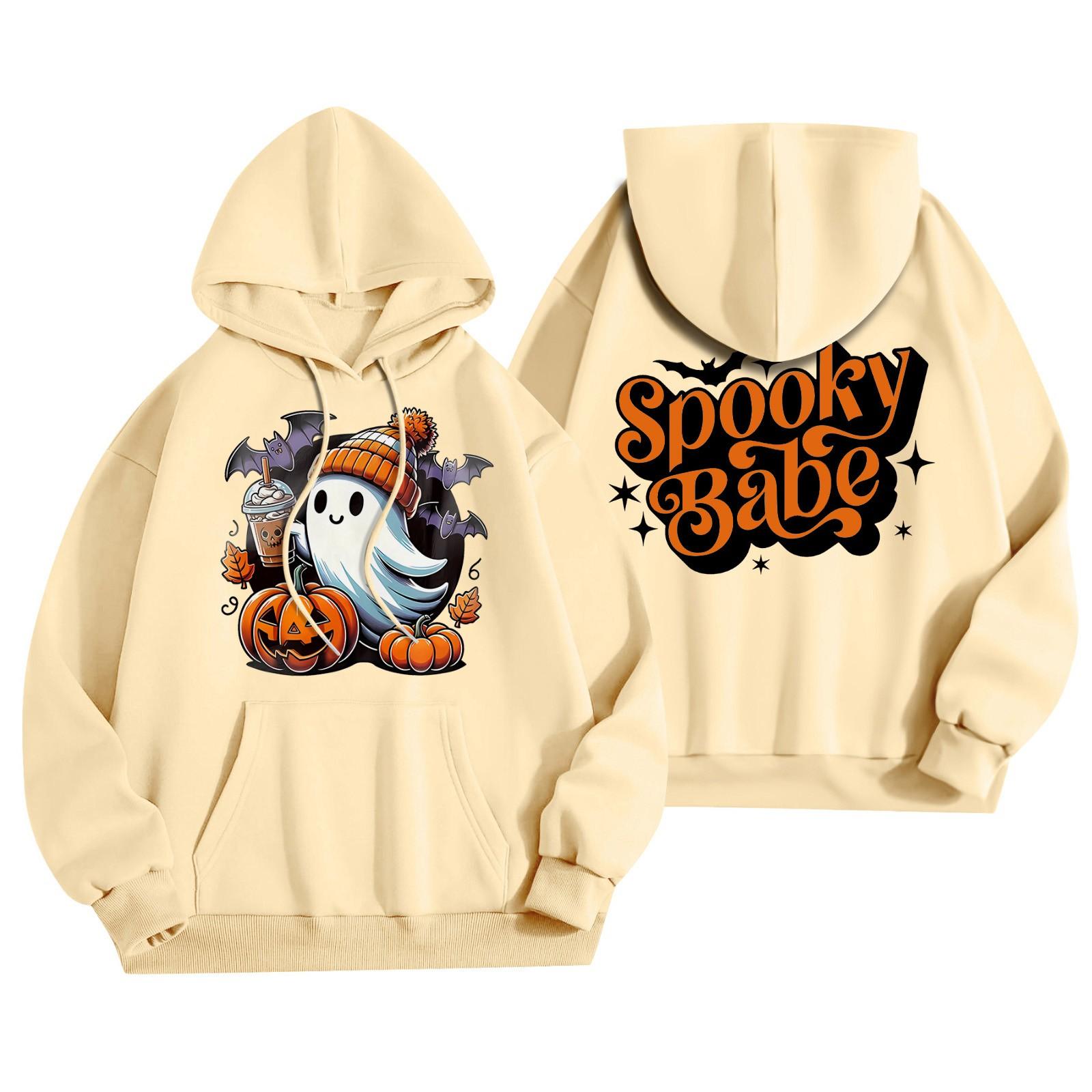 

Женская мода, легкий женский свитер с длинными рукавами и карманами, толстовка с капюшоном на Хэллоуин S бежевый