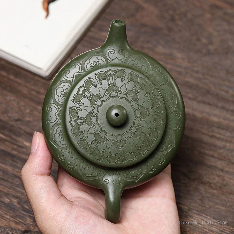 170CC Handgefertigter Grüner Schlamm Kessel Yixing Lila Ton Handgeschnitzte Flache Morgen Teekanne Puer Tee Set Kung Fu Teegeschirr Chinesisch 1Stk 24082