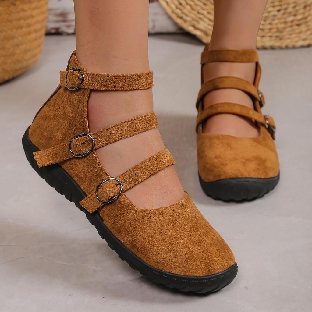 Retro Doppelte Schnalle Stoffschuhe Einzelne Schuhe Damen Große Größe Quadratische Spitze Leichte Öffnung Wildleder