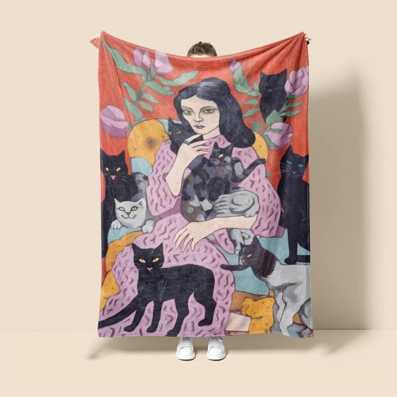 Home Decoration Plush Throw Sofa Blanket Anime Animals Bedspread On the Bed Fluffy Soft Blankets Decor Plaid Modern Cat Black