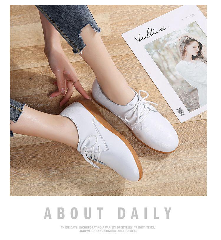 Women's White Lace-up Round Toe Non-slip Genuine Leather Flat Shoes - Casual & Versatile Korean Style