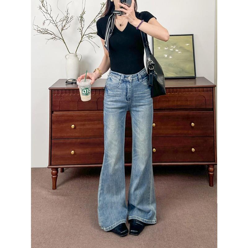 Womens High-Waist Stretch Denim Flare Pants Slim Fit Korean Style 2026 Cotton Blend
