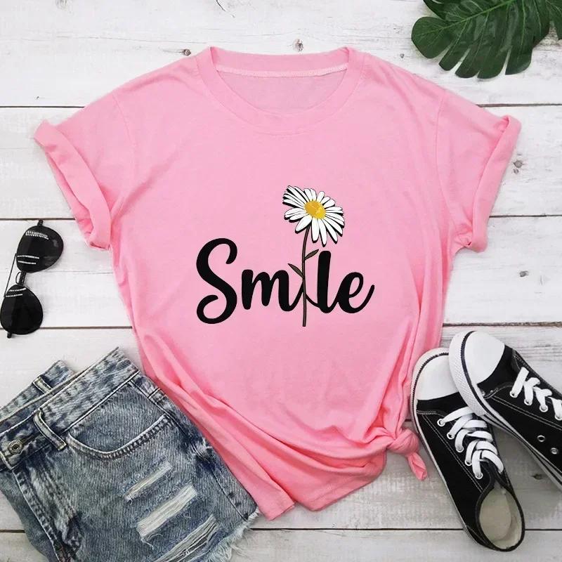 Fashionable Smile Daisy Printed Short Sleeve Round Neck Versatile Tshirt for Daily Use  Summer Casual Womens Tshirt