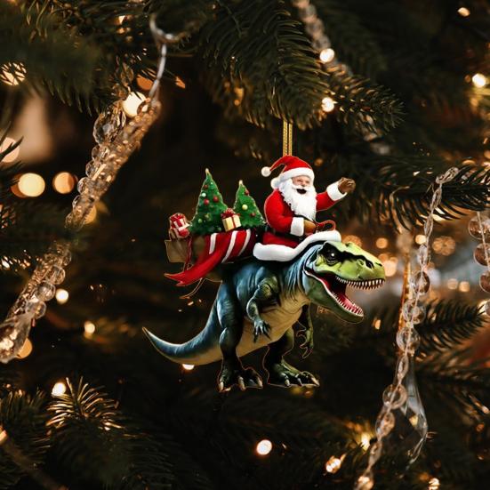 Christmas Pendant Santa Claus On Dinosaur Ornament 2D Flat Acrylic Hanging Decoration for Christmas Tree Mantel Decor