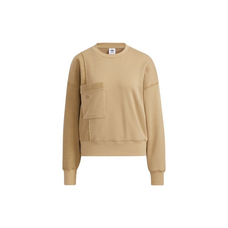 Adidas Originals Three Stripes Large Pocket Patchwork Round Neck Pullover Sweatshirt Women sweatshirt Beige HC0304