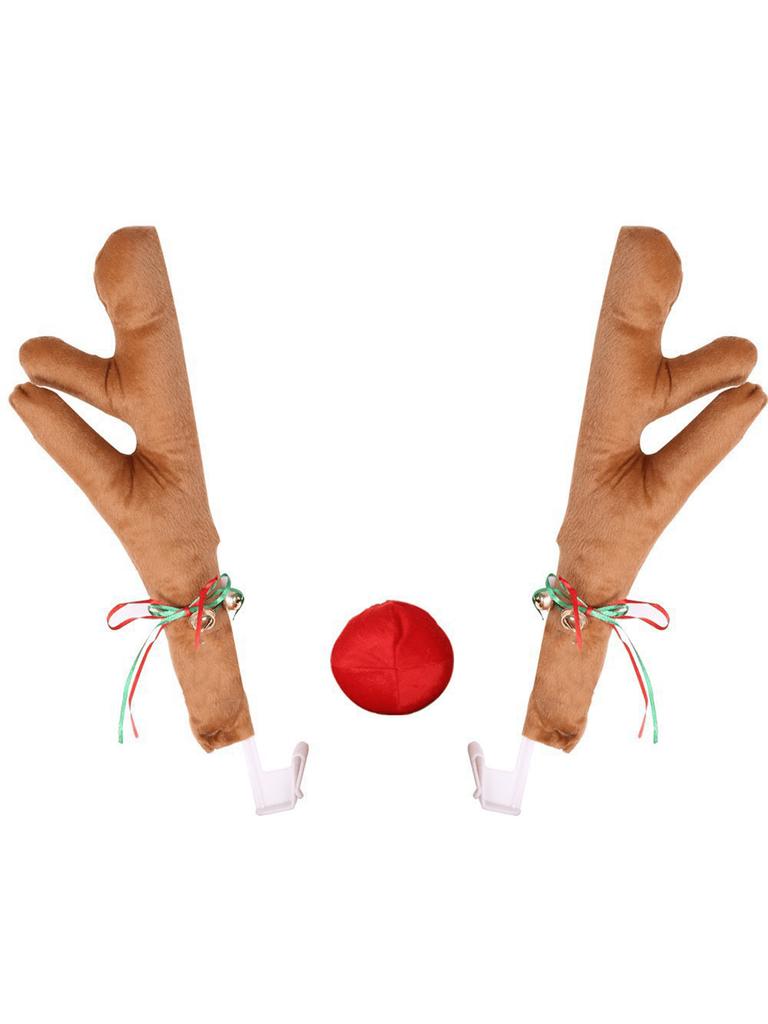 Christmas Reindeer Antler Car Decoration Kit – Rudolph Red Nose + Jingle Bells, Festive Auto Accessory Gift.