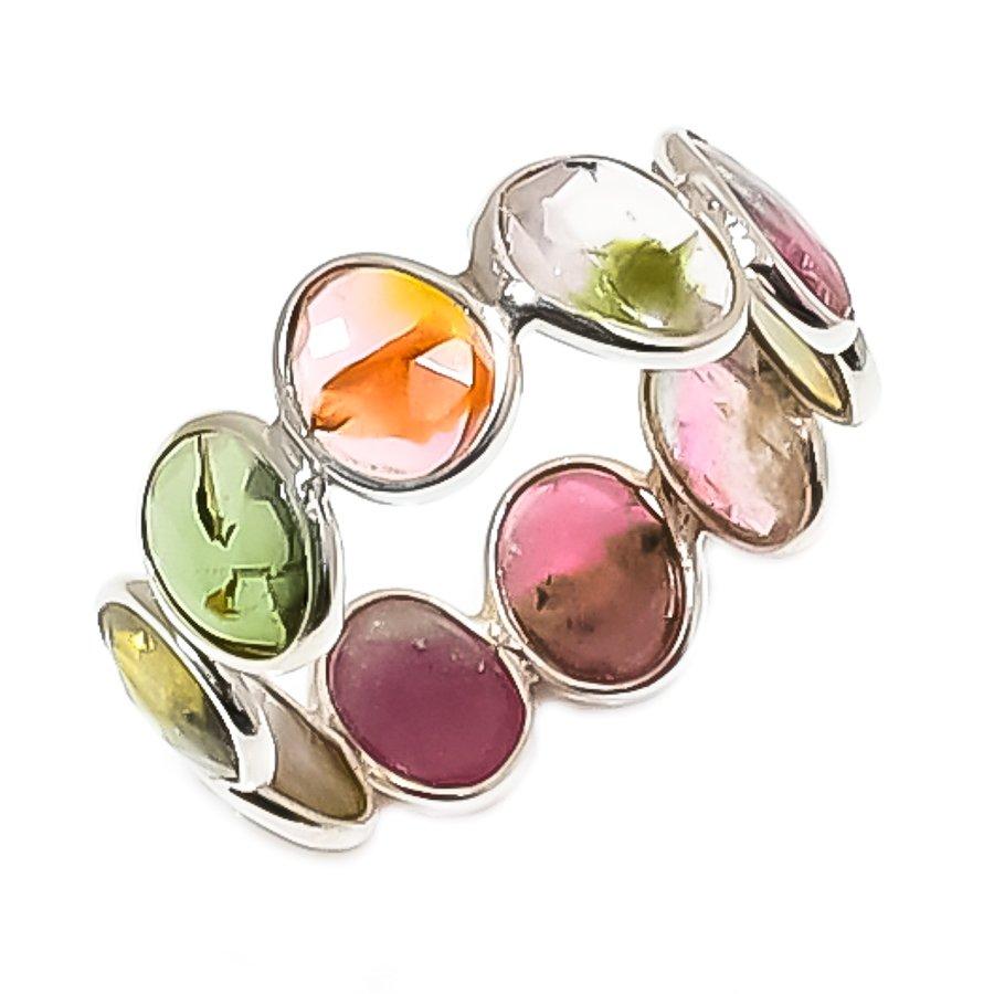 Natural Watermelon Tourmaline Gemstone 925 Sterling Silver Infinity Ring Size 7.5