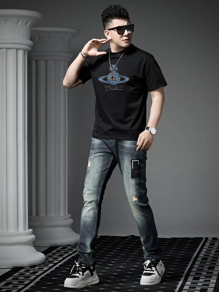 Ozhouzhan Letters Hot Drilling Short Sleeve T-shirt Men's 2025 Summer New Trendy Casual Round Neck T-shirt Top