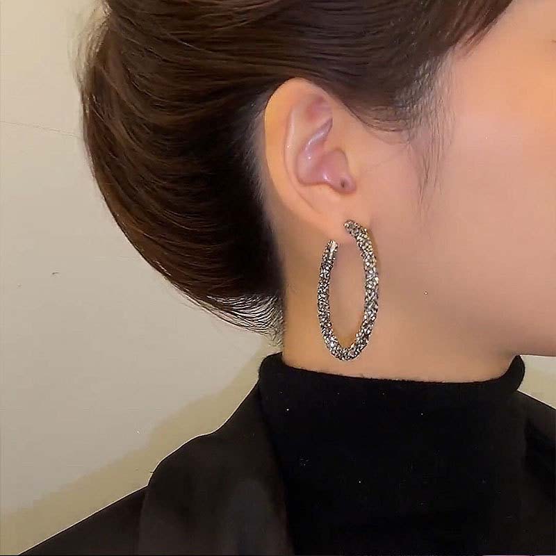 Fashion Black Rhinestone Hoop Earrings for Women Exquisite Elegant Crystal Big Round Geometric Earrings Jewelry Gifts
