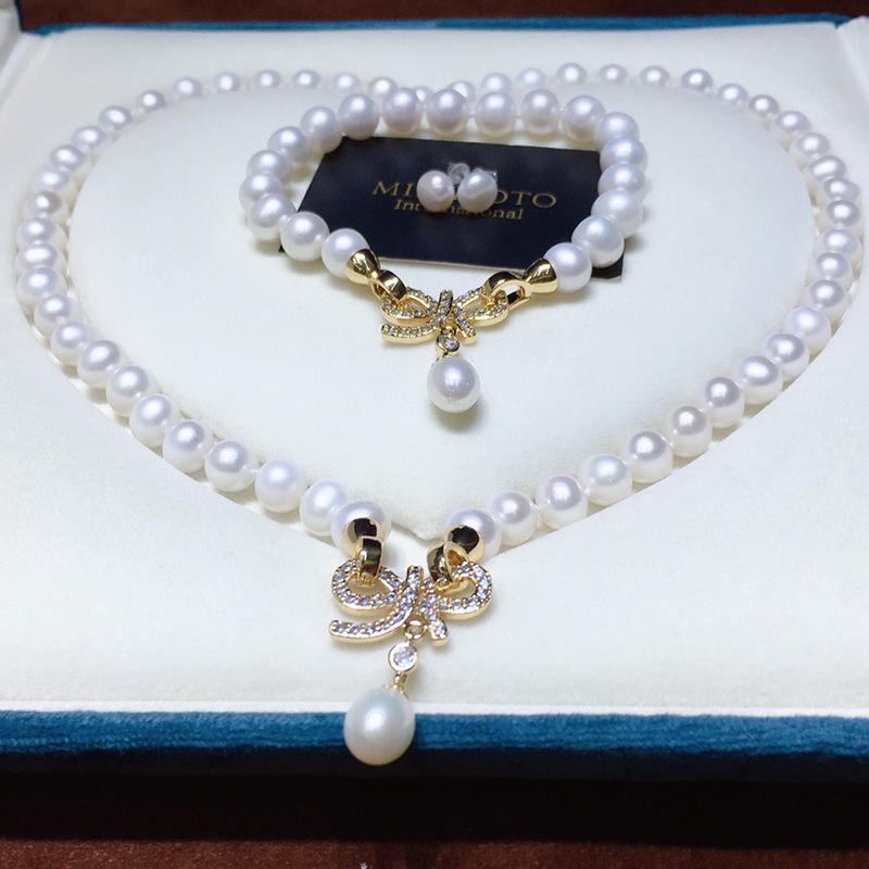 091 Versatile Bow-Design Freshwater Pearl Necklace Set for Women - Multi-Wear Fashion Jewelry 8-9mm