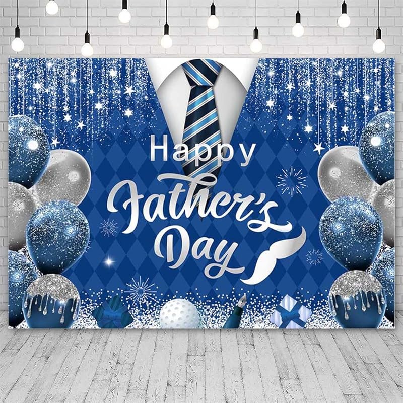 7x5ft Happy Father's Day Backdrop for Photography Blue Silver Glitter I Love You Dad Background Father's Day Tie Balloon Party Decorations Banner