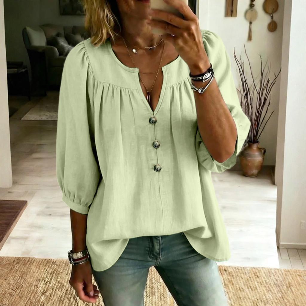 Women's Cotton And Linen Three-quarter Sleeve Button Casual Loose T-shirt