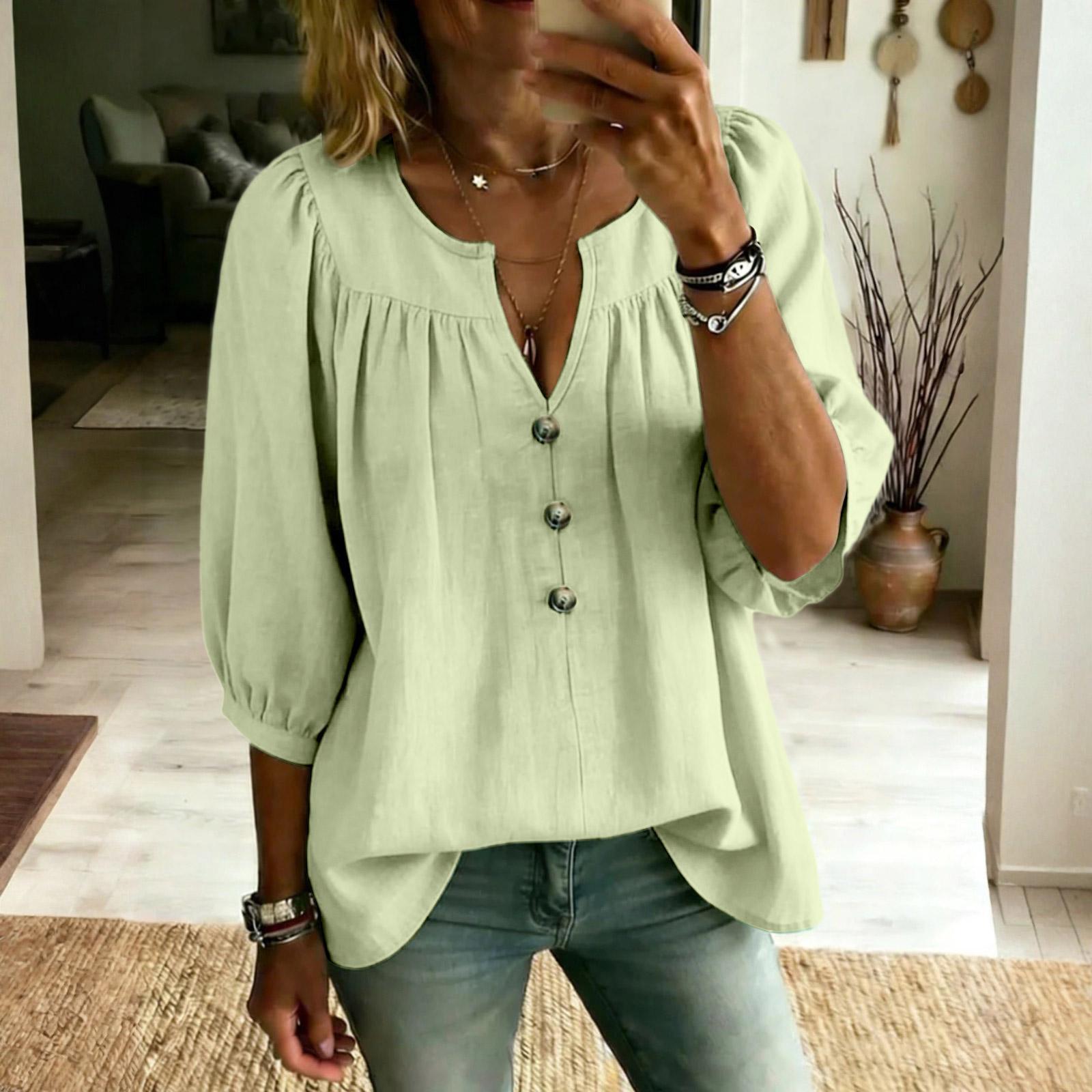 Women s Cotton And Linen Three-quarter Sleeve Button Casual Loose T-shirt L
