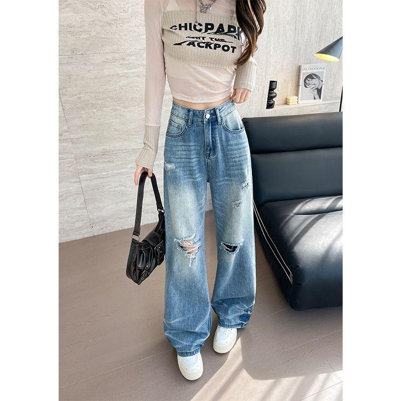 Retro Ripped Jeans Spring New Style Straight Loose Light Color High Waist Slimming Design Wide-leg Floor Trousers