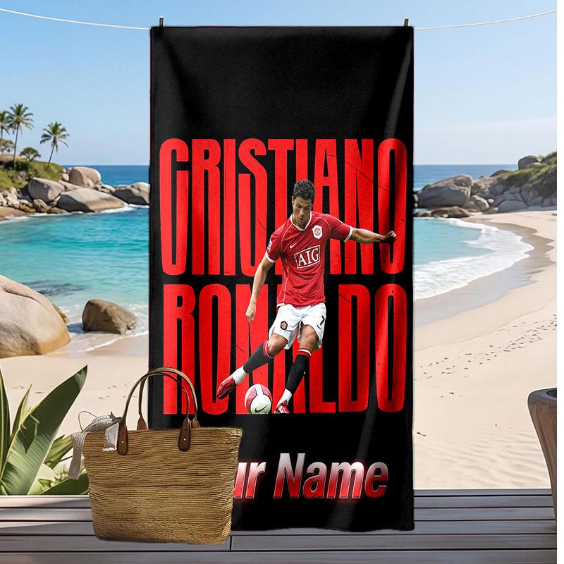Asciugamano da Spiaggia Personalizzato Stampato Cristiano Ronaldo Logo Calcio Supporto Nome Personalizzato Testo Asciugamano Assorbente Per Sport Viaggio Regalo Speciale