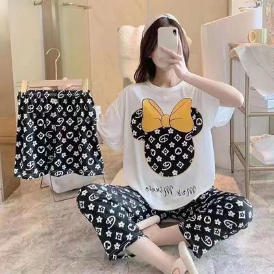 Conjunto de pijama de tres piezas para mujer, ropa de dormir con estampado para niñas, camiseta de manga corta con cuello redondo, ropa de estar por casa