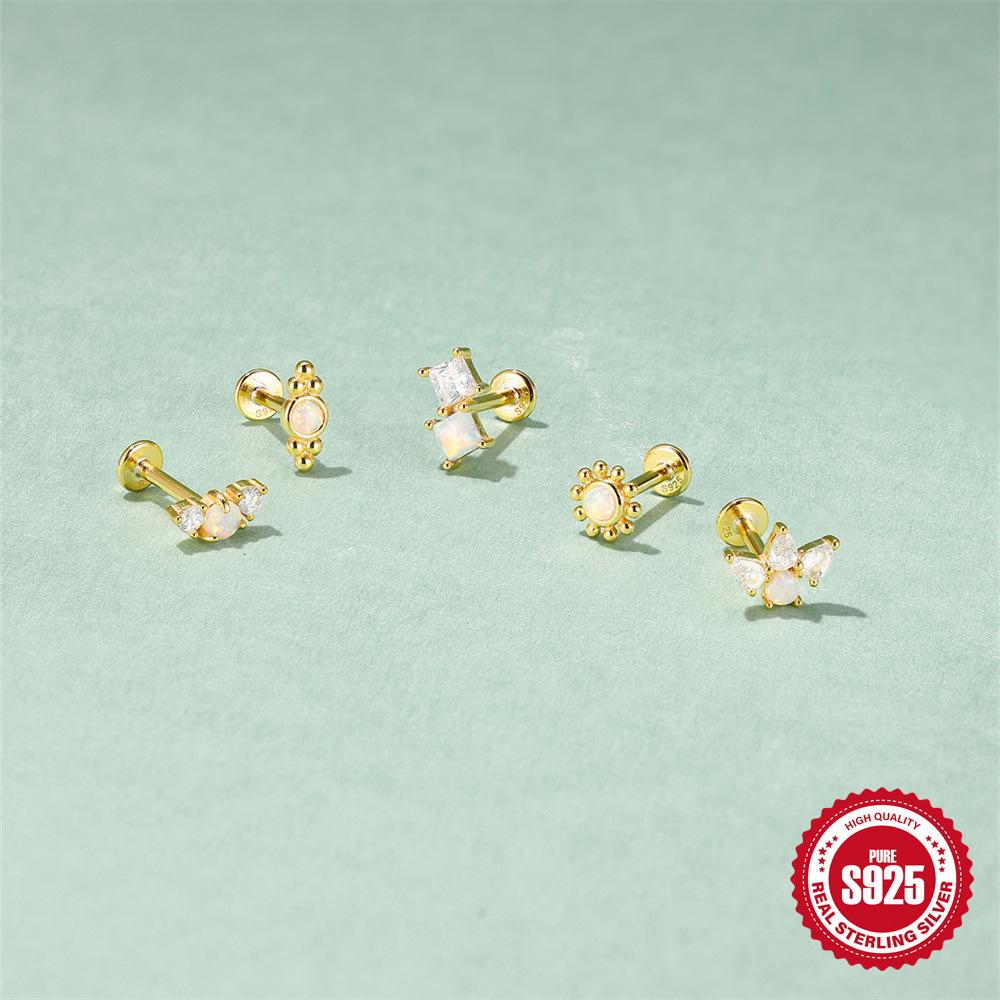 S925 Sterling Silver Daily Wear Opal Diamond Cartilage Spiral Puncture Stud Earrings 16G Earbone Stud