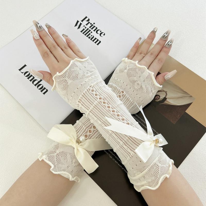 Elegant Sweet Long Bow Fingerless Gloves Women Elastic Ruffle Decorative Sleeves Outdoor Sun Protection Wrist Arm Cover