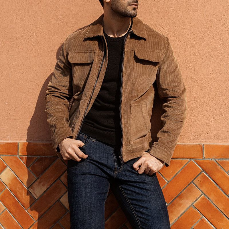 

2025 Autumn/Winter New Amazon Men s Vintage Corduroy Jacket European and American Cross-Border Trendy Lapel Jacket for Men Khaki 3 XL
